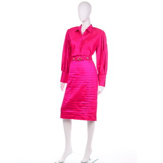 Pink Thai Silk Pleated statement sleeve blouse and skirt with  belt
