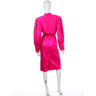 1980s Pink Silk Saturated pleated statement blouse and skirt with belt 1980s