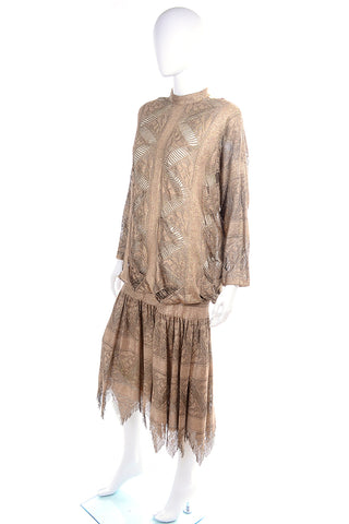 Vintage Damianou Gold Bronze Dress With Handkerchief Hem Open Work Knit
