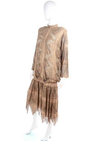Vintage Damianou Gold Bronze Dress With Handkerchief Hem 1980s