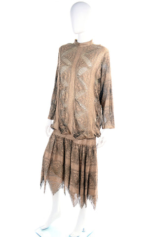 1980s Vintage Damianou Gold Bronze Dress With Handkerchief Hem