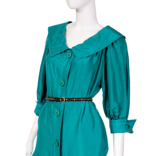 Early 1980s Yves Saint Laurent Green Silk Day or Evening Dress w Chelsea Collar