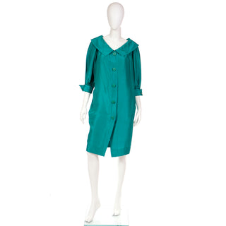 Late 1970s Yves Saint Laurent Green Silk Vintage Dress w Chelsea Collar