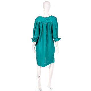 Late 1970s Yves Saint Laurent Rive Gauche Green Silk Coat Dress