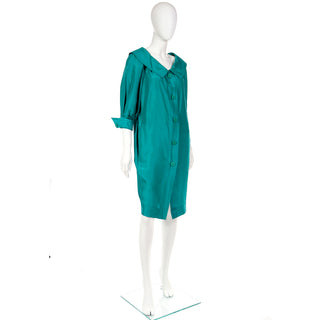 Early 1980s Yves Saint Laurent Green Silk Coat Dress w Chelsea Collar