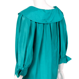 1980s Yves Saint Laurent Vintage Green Silk Dress w Wide Chelsea Collar