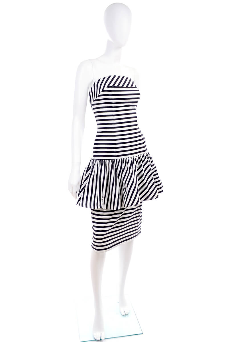 1980s Leslie Lucks Strapless Black & White Stripe Vintage Dress Peplum Modig 1980s Leslie Lucks Strapless Black & White Stripe Vintage Dress Peplum Modig