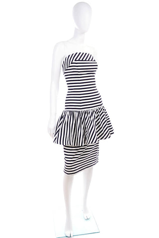 1980s Leslie Lucks Strapless Black & White Striped Peplum Dress