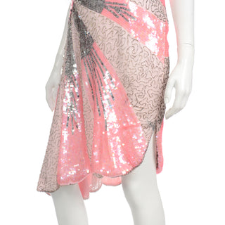 1980s Deadstock Vintage Pink & Silver Beaded Sequin Flapper Style Evening Dress