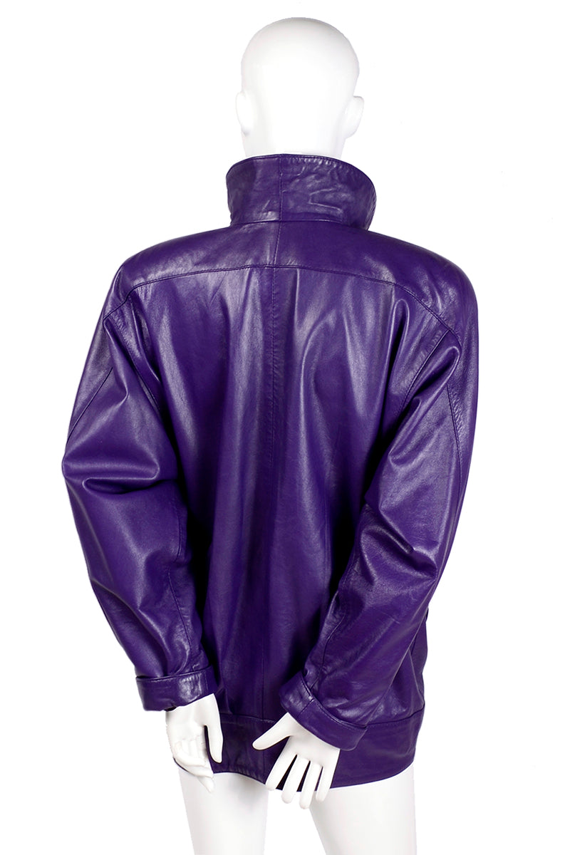 1980's Purple Leather Jacket High Collar Oversized 80's Leather ...