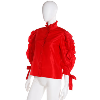 1980s Louis Feraud Paris Red Satin Ruffled Vintage Blouse Medium / Large