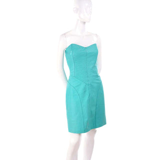 1980s Turquoise Leather Strapless Dress 4/6