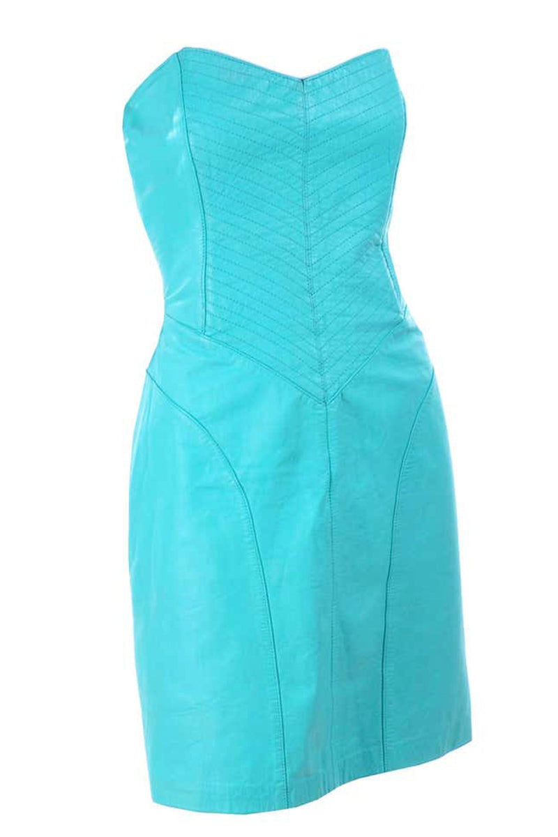 1980s Turquoise Blue Top Stitched Leather Strapless Vintage Dress 4/6 Modig 1980s Turquoise Blue Top Stitched Leather Strapless Vintage Dress 4/6 Modig