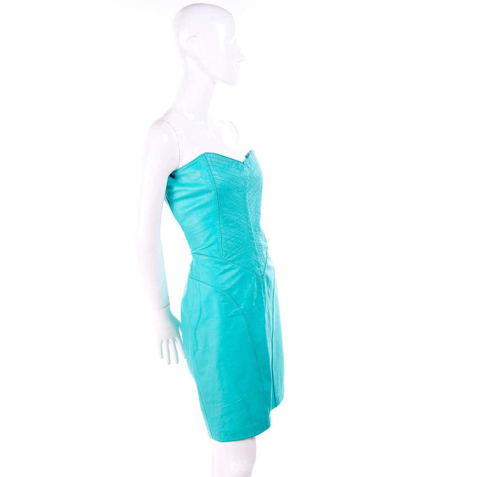 1980s Turquoise Blue Top Stitched Leather Strapless Vintage Dress 4/6 Modig 1980s Turquoise Blue Top Stitched Leather Strapless Vintage Dress 4/6 Modig