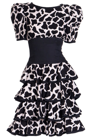 1980s Abstract Black & White Cow Print Ruffled Tiered Dress