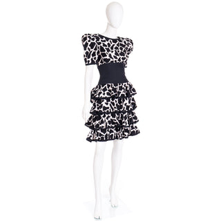 1980s Abstract Black & White Cow Print Ruffled Tiered Dress