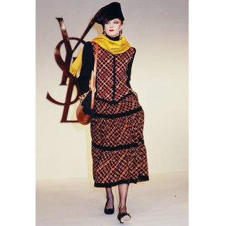 1983 Yves Saint Laurent Plaid Tiered Skirt Blouse & Cardigan Sweater Outfit France