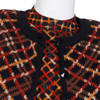 1983 Yves Saint Laurent Plaid Tiered Skirt Blouse & Cardigan Sweater Outfit With 3 pieces