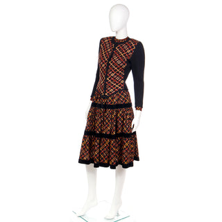 1983 Yves Saint Laurent Plaid Tiered Skirt Blouse & Cardigan Sweater Outfit 3 piece