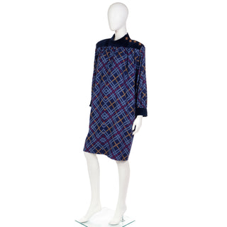 1980s Yves Saint Laurent Plaid Wool Dress with Velvet Shoulders