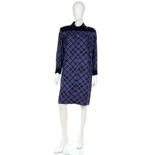 1980s Yves Saint Laurent Blue Plaid Wool Dress