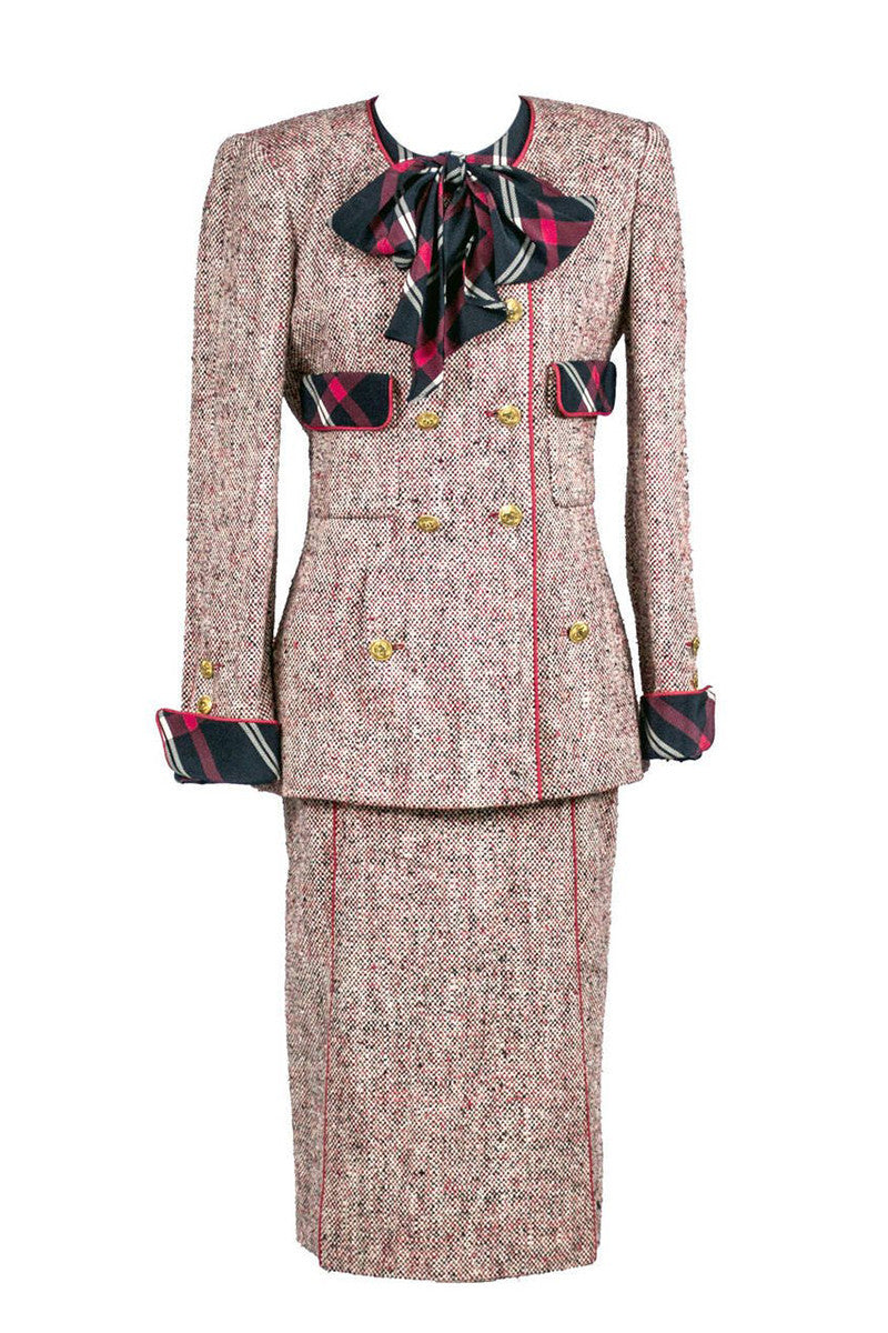 Vintage Chanel Suits, Outfits and Ensembles - 287 For Sale at 1stDibs   white chanel suit, chanel outfits, ensemble in brown, black and slate blue  tweed comprising jacket, skirt, blouse and beret