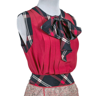 1985 Red White and Blue Chanel Vintage Skirt Suit Plaid Details and Red Silk Sleeveless Blouse