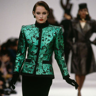 1986 87 Yves Saint Laurent Vintage Green Metallic Runway Jacket W Black Trim