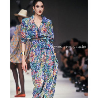 1989 Yves Saint Laurent YSL Floral Silk Wrap Dress With Sash Documented