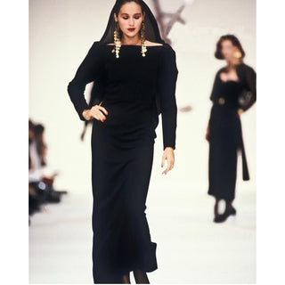 1990 Deadstock Yves Saint Laurent Long Black Evening Dress Gown W Lace & Hood Runway