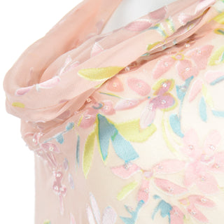 Vintage 1990s Beaded Pink Floral Evening Bias Cut Slip Dress w Handkerchief Hem