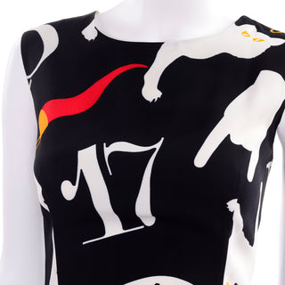 ON HOLD / 1990s Moschino Vintage Luck Icons & Cats Black & White Sheath Dress