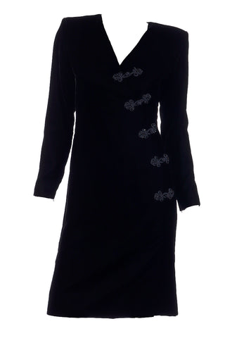 1990s Yves Saint Laurent Black Velvet Dress with Beaded Frog Closures