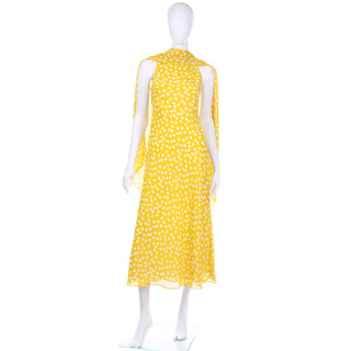 Vintage Chetta B Yellow Print 1990s Dress with Attached Scarf Sleeveless