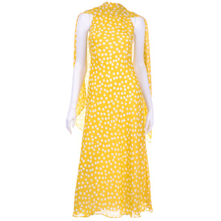 Vintage Chetta B Yellow Print 1990s Dress with Attached Scarf Polka Dots