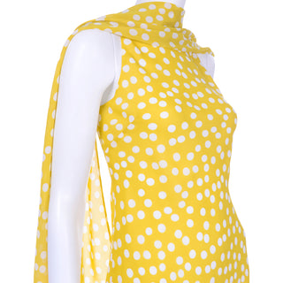 Vintage Chetta B Yellow Print Polka Dot 1990s Dress with Attached Scarf 