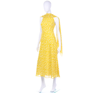 Vintage Chetta B Yellow Print 1990s Dress with Attached Scarf sleeveless