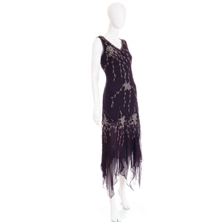 1990s Purple Beaded Vintage Handkerchief Hem Evening Dress