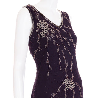 1990s Purple Beaded Vintage Handkerchief Hem Evening Dress Floral bead design