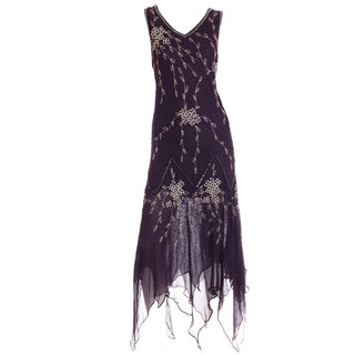 20s style 1990s Purple Beaded Vintage Handkerchief Hem Evening Dress
