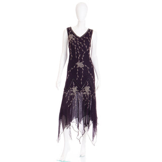 1990s Purple Beaded Vintage Handkerchief Hem Evening Dress 90s
