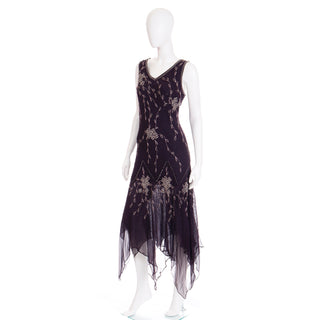1990s Purple Beaded & Sequin Vintage Handkerchief Hem Evening Dress