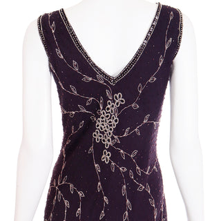 1990s Purple Beaded Vintage Handkerchief Hem Evening Dress floral leaf design