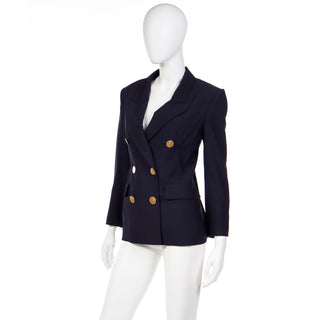 YSL 1991 Yves Saint Laurent Navy Blue Wool Blazer Jacket With Coin Buttons