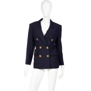 1991 Yves Saint Laurent Navy Blue Wool Blazer Jacket With Gold Coin Buttons