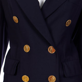 1991 Yves Saint Laurent Navy Blue Wool Blazer Jacket With Faux Coin Buttons