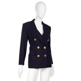 YSL 1991 Yves Saint Laurent Navy Blue Wool Blazer Jacket With Gold Coin Buttons