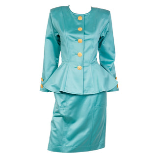 Yves Saint Laurent Deadstock Green Peplum Jacket & Skirt Suit