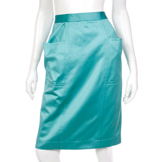 90s YSL Aqua Pencil Skirt With Pockets