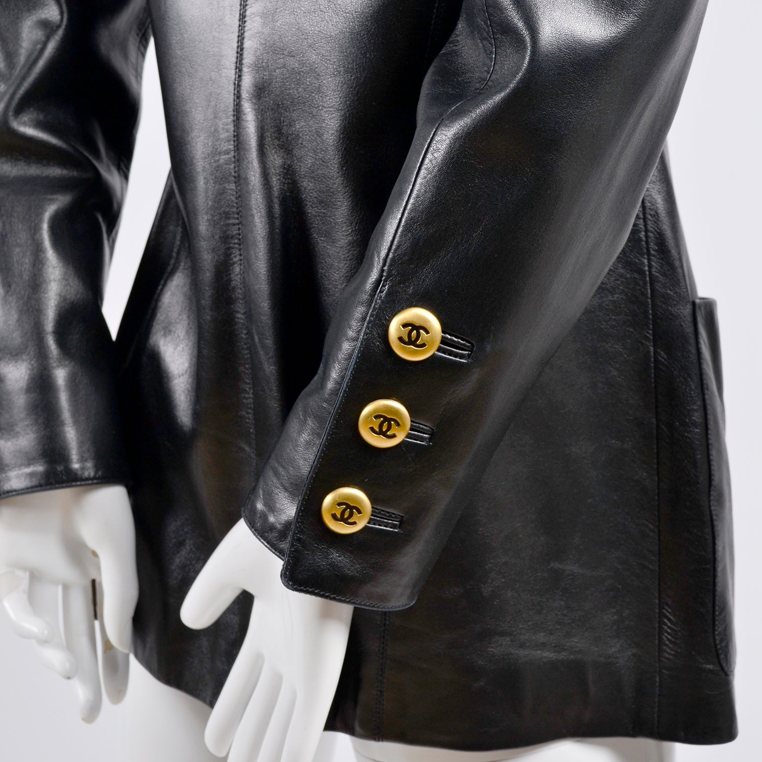 F/W 1992 Chanel Leather Jacket Black w/ Quilting & CC Logo Brass Buttons 6/8